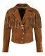 Women Vintage 90s Fringe Tan Cow Suede Leather Western Short Body Leather Jacket