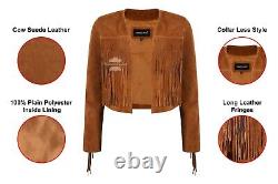 Women's Fringe Western Short Body Leather Jacket Tan Cow Suede Vintage 90s Style