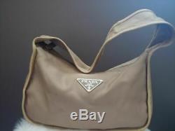 Women's Vintage Vela Authentic Nylon Prada Tan Shoulder Handbag W Leather Trim