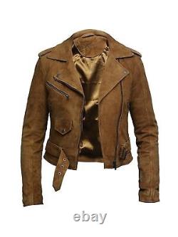 Womens Suede Brando Genuine Leather Biker Classic Real Design Vintage Tan Jacket