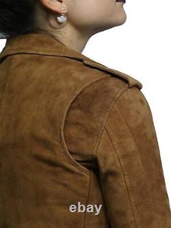 Womens Suede Brando Genuine Leather Biker Classic Real Design Vintage Tan Jacket