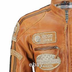 XPOSED Mens Real Leather Tan Brown Racing Badges Biker Jacket Vintage Retro Look